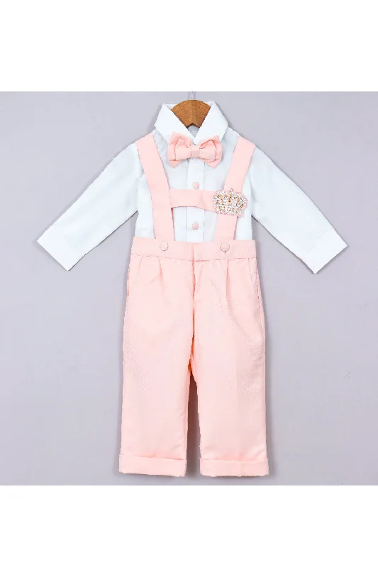 White Cotton Shirt With Peach Crown Embroidered Suspender Set