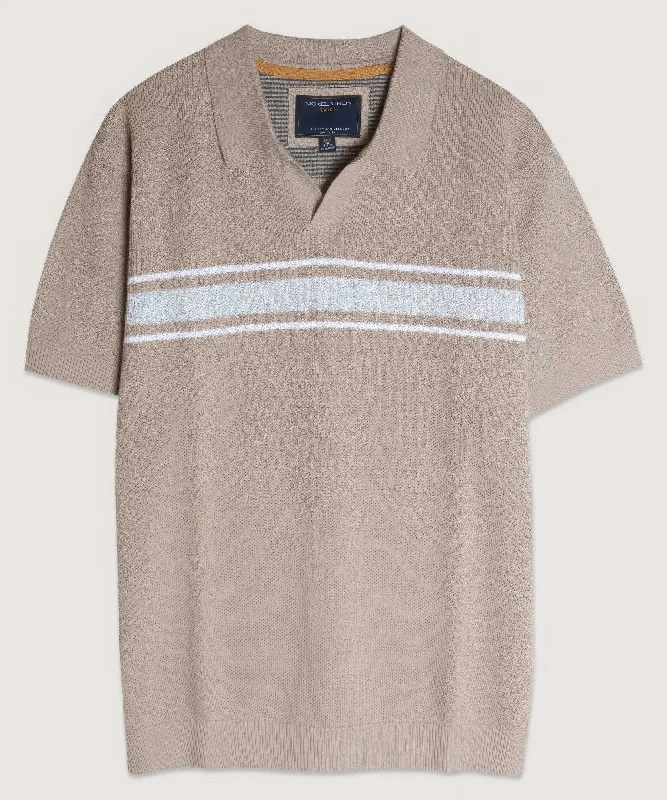 Slim Fit Men's Long - Sleeve Cotton - Linen Blend Sweater in Beige for a Summer Casual LookRetro Stripe Polo Sweater Slim Fit Men's Long - Sleeve Cotton - Linen Blend Sweater in Beige for a Summer Casual LookRetro Stripe Polo Sweater