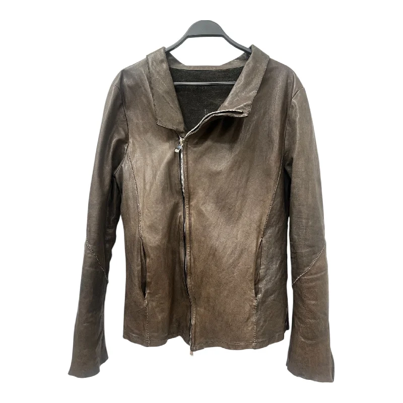 Men coats with a water - resistant finish for light rain and splashesINCARNATION /Leather Jkt/L/Leather/CML/ASSYMETRICAL CUT