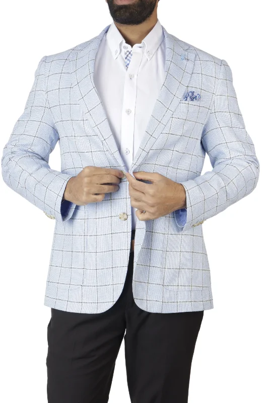 Men coats with a stand - up collar for a sleek and modern lookLight Blue Windowpane Textured Sport Coat