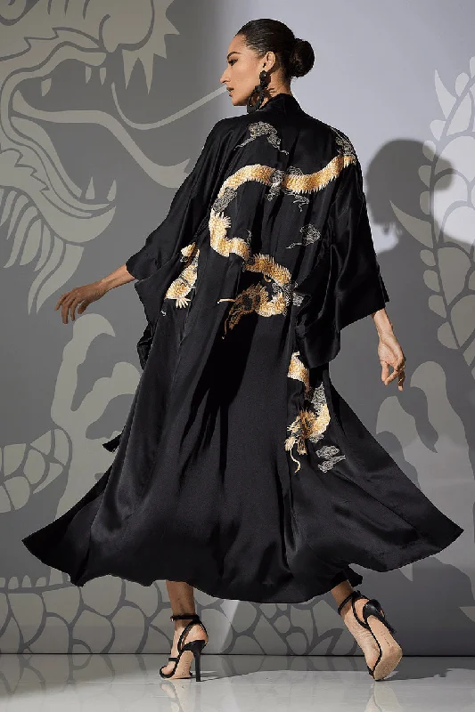 Men's robes with a shawl collar for added elegance​Couture Lucky Dragon Embroidered Silk Robe