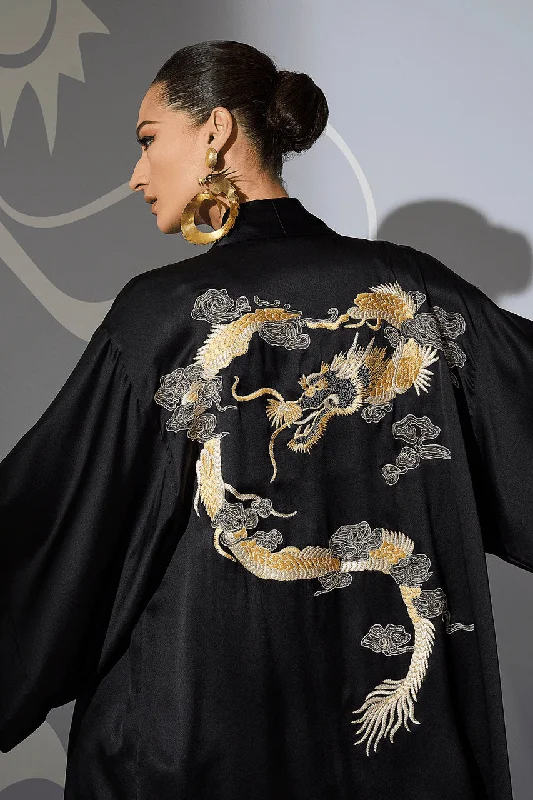Men's robes with a thermal - regulating fabric​Couture Lucky Dragon Embroidered Silk Wrap