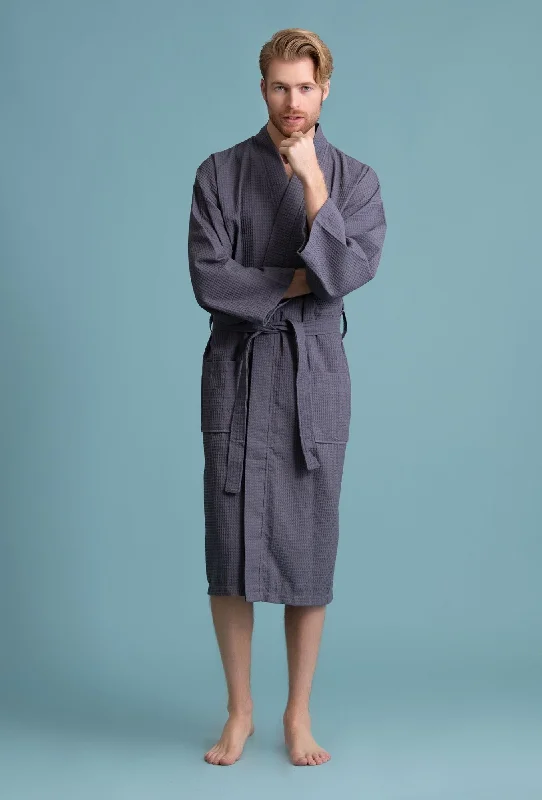 Men's robes with a two - tone design​Men's Waffle Kimono Charcoal Robe