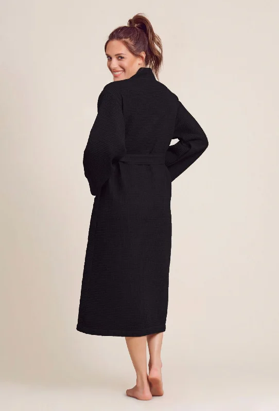 Men's robes with a lightweight shell​Women's Long Waffle Kimono Black Robe