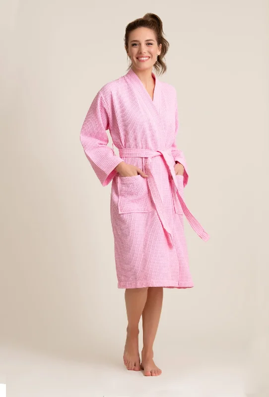 Men's thermal robes for cold - weather use​Women's Long Waffle Kimono Pink Robe