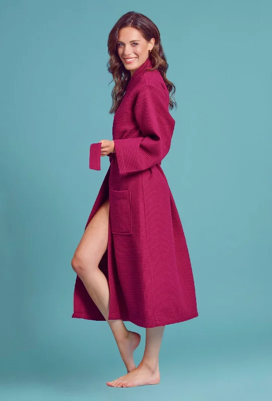 Men's robes with a decorative embroidery​Women's Long Waffle Kimono Wine Red Robe