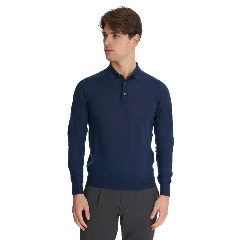 Men's luxury cashmere blend polo shirts in solid colorsBLUE POLO SHIRT