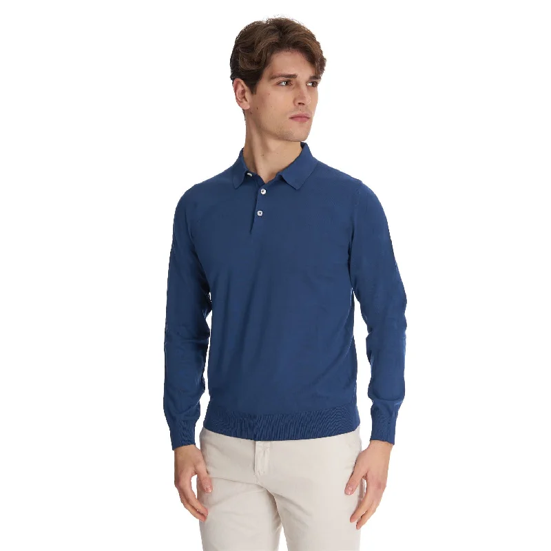 Men's jacquard woven polo shirts with intricate designsBLUE LONG SLEEVE KNITTED POLO Men's jacquard woven polo shirts with intricate designsBLUE LONG SLEEVE KNITTED POLO