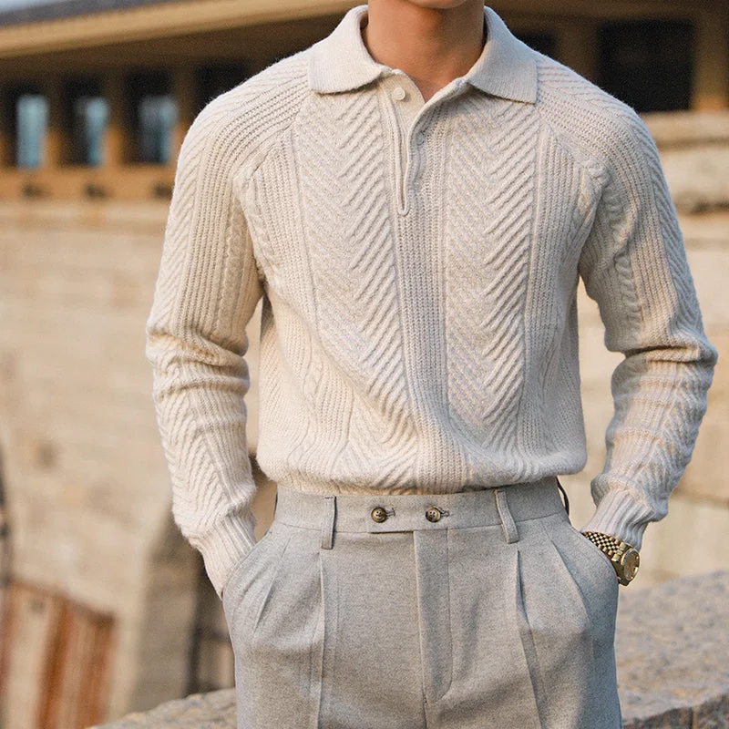 Men's breathable cotton blend polo shirts for summer outingsGeometric Patten Knitted Long Sleeve Polo Shirt Men's breathable cotton blend polo shirts for summer outingsGeometric Patten Knitted Long Sleeve Polo Shirt