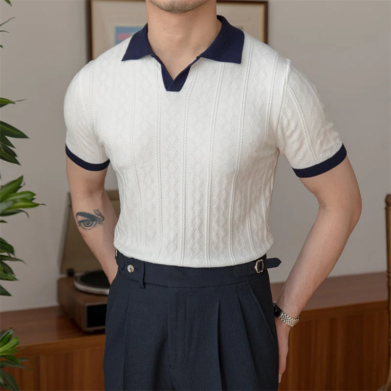 Men's color - block polo shirts with a bold fashion statementJacquard Buttonless Knitted Polo Men's color - block polo shirts with a bold fashion statementJacquard Buttonless Knitted Polo
