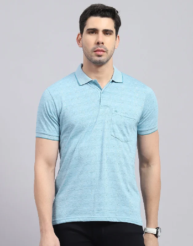 Men's formal - style silk blend polo shirts for special occasionsMen Blue Printed Polo Collar Half Sleeve T-Shirt Men's formal - style silk blend polo shirts for special occasionsMen Blue Printed Polo Collar Half Sleeve T-Shirt