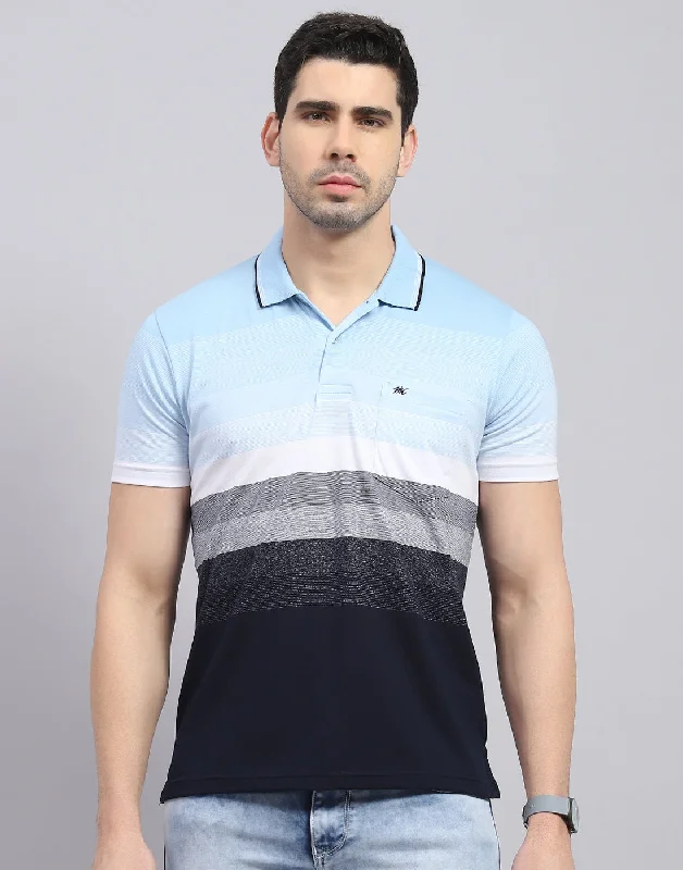 Men's stretchable athletic polo shirts for fitness workoutsMen Blue Stripe Polo Collar Half Sleeve T-Shirt