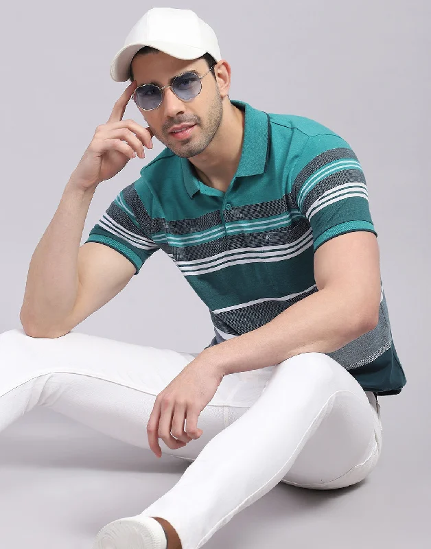 Men's long sleeve classic fit polo shirts with embroidered logosMen Turquoise Blue Stripe Polo Collar Half Sleeve T-Shirt Men's long sleeve classic fit polo shirts with embroidered logosMen Turquoise Blue Stripe Polo Collar Half Sleeve T-Shirt