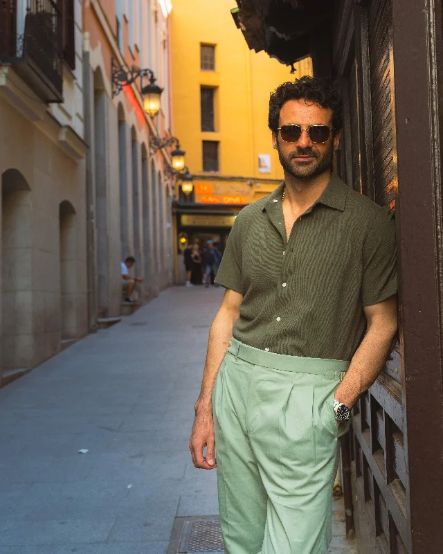Men's color - block polo shirts with a bold fashion statementOlive Green Linen Cotton Camp Collar T-Shirt Men's color - block polo shirts with a bold fashion statementOlive Green Linen Cotton Camp Collar T-Shirt