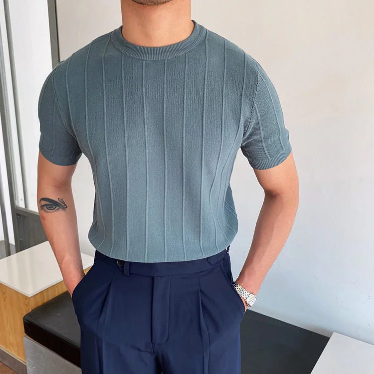 Men's button - down spread collar polo shirts for business casualPleated Stripes Classic Knit T-Shirt Men's button - down spread collar polo shirts for business casualPleated Stripes Classic Knit T-Shirt