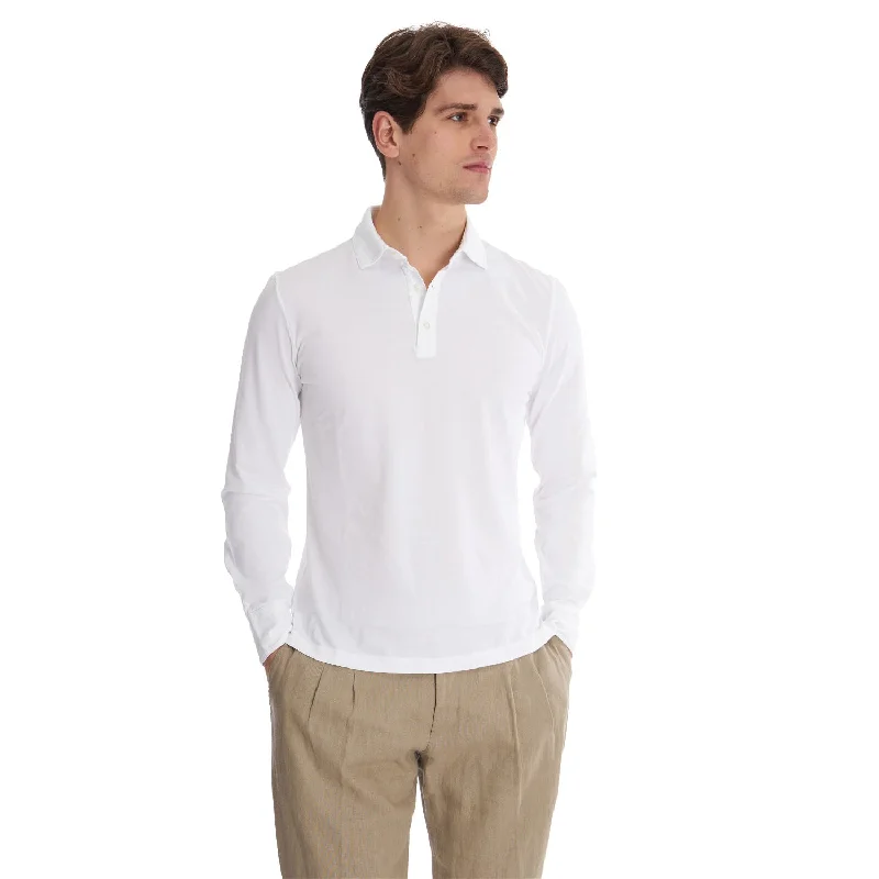 Men's breathable cotton blend polo shirts for summer outingsWHITE LONG SLEEVE POLO