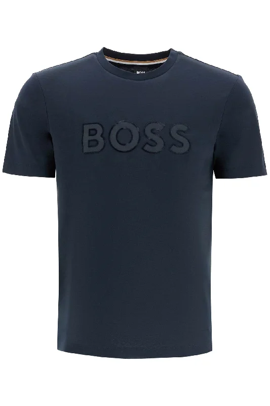 Men's distressed denim - look t - shirts with a rugged appealBoss Men's T-Shirt With Patch Logo Design Men's distressed denim - look t - shirts with a rugged appealBoss Men's T-Shirt With Patch Logo Design