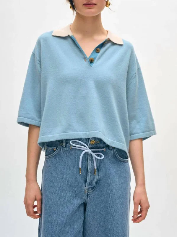 Men's distressed denim - look t - shirts with a rugged appealCashmere Cropped Polo Shirt In Slate Blue Men's distressed denim - look t - shirts with a rugged appealCashmere Cropped Polo Shirt In Slate Blue