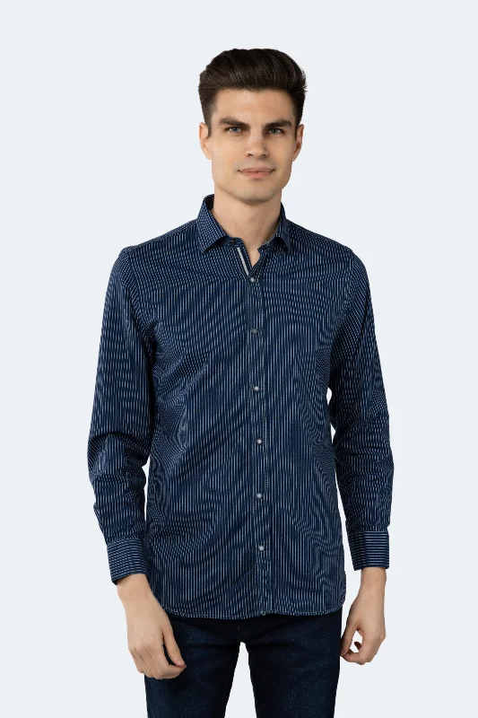 Men's slim - fit graphic t - shirts with vintage rock band printsDenim Blue Stripe Shirt Men's slim - fit graphic t - shirts with vintage rock band printsDenim Blue Stripe Shirt