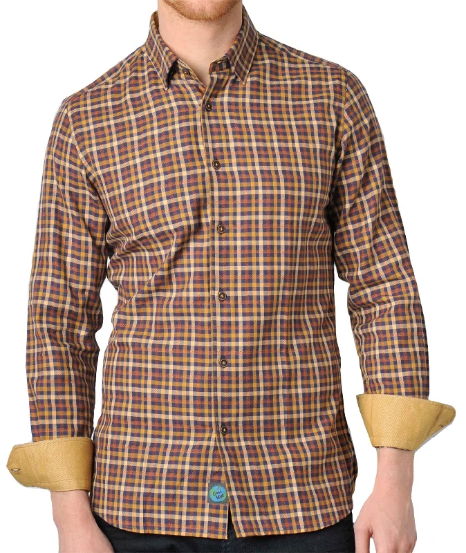 Men's short - sleeve linen t - shirts for summer beach outingsGold with Navy, Orange, and Light Yellow Plaid Men's short - sleeve linen t - shirts for summer beach outingsGold with Navy, Orange, and Light Yellow Plaid