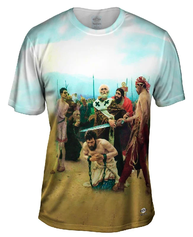 Men's mock - neck t - shirts with a modern and sleek styleIlya Repin - "St Nicholas Saves Three Innocents from Death" (1888) Men's mock - neck t - shirts with a modern and sleek styleIlya Repin - "St Nicholas Saves Three Innocents from Death" (1888)