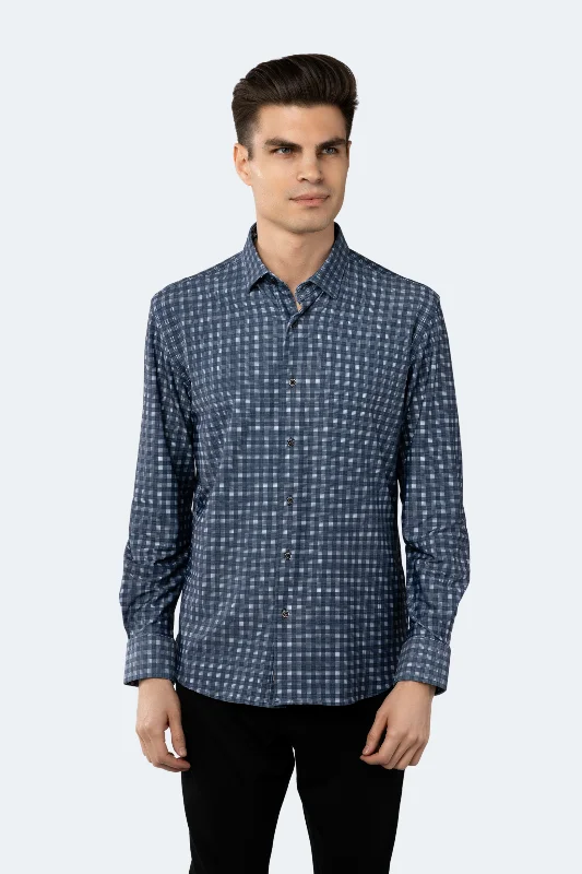 Men's polo t - shirts with a contrast collar for a preppy lookLapis Lazuli Blue and White Check Shirt Men's polo t - shirts with a contrast collar for a preppy lookLapis Lazuli Blue and White Check Shirt