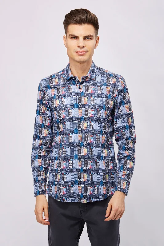 Men's distressed denim - look t - shirts with a rugged appealLeo Blue and Rainbow Buildings Shirt Men's distressed denim - look t - shirts with a rugged appealLeo Blue and Rainbow Buildings Shirt