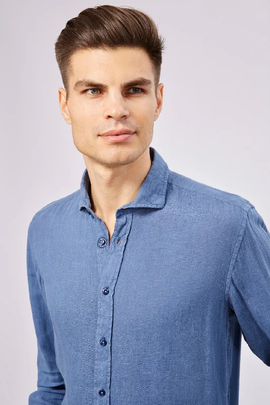 Men's tie - dye t - shirts with a bohemian styleLeo Dodger Blue Linen Shirt