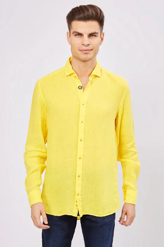 Men's UV - protection t - shirts for outdoor activities in the sunLeo Highlighter Yellow Linen Shirt Men's UV - protection t - shirts for outdoor activities in the sunLeo Highlighter Yellow Linen Shirt