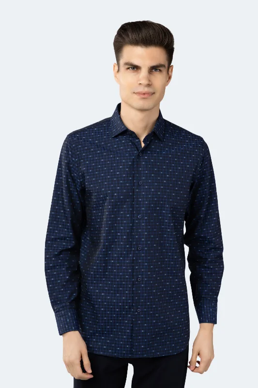 Men's thermal t - shirts with a high - neck design for cold weatherNavy and Egyptian Blue Check Jacquard Woven Shirt Men's thermal t - shirts with a high - neck design for cold weatherNavy and Egyptian Blue Check Jacquard Woven Shirt