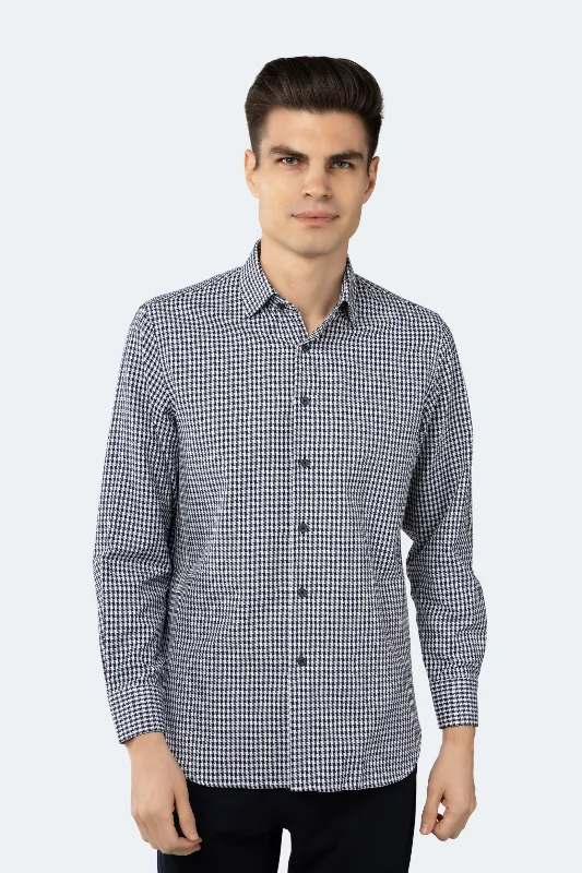 Men's eco - friendly recycled t - shirts for sustainable fashion choicesNavy and White Jacquard Square Swirl Design Shirt Men's eco - friendly recycled t - shirts for sustainable fashion choicesNavy and White Jacquard Square Swirl Design Shirt