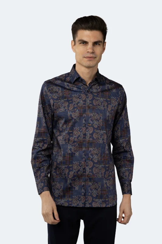 Men's antimicrobial t - shirts for odor - free freshness during travelNavy with Red Plaid Squares Paisley Shirt Men's antimicrobial t - shirts for odor - free freshness during travelNavy with Red Plaid Squares Paisley Shirt