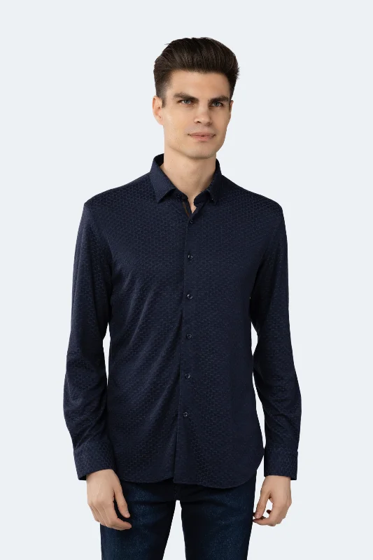 Men's antimicrobial t - shirts for odor - free freshness during travelNavy Woven Jacquard Boxed Solid Shirt
