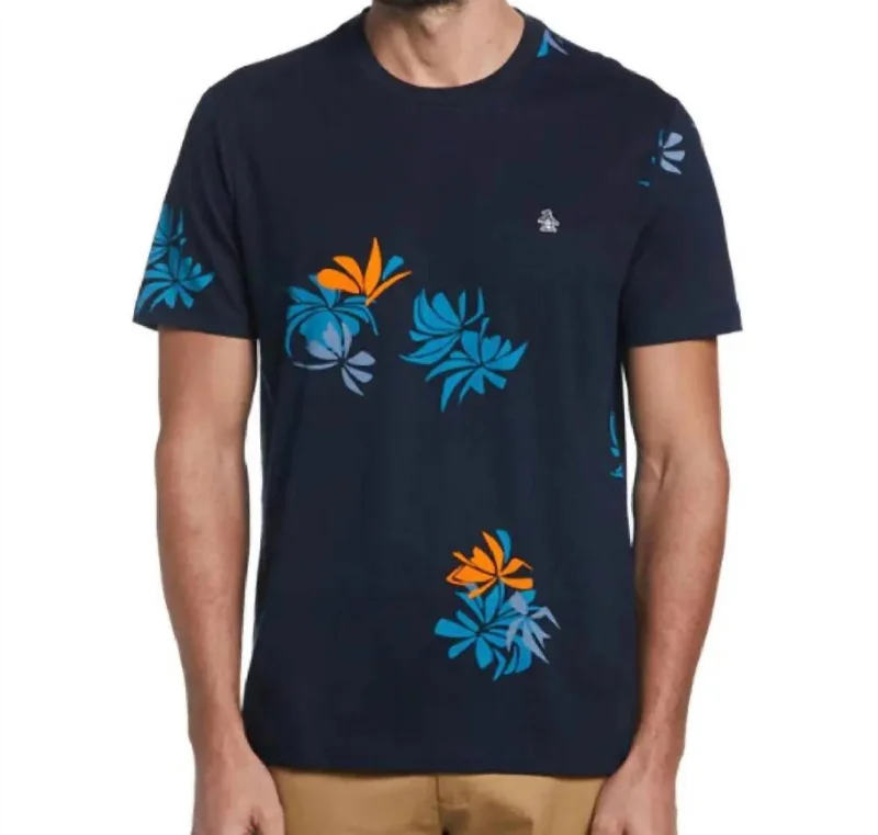 Men's tie - dye t - shirts with a bohemian styleOrganic Cotton Floral Print Tee In Dark Sapphire Men's tie - dye t - shirts with a bohemian styleOrganic Cotton Floral Print Tee In Dark Sapphire