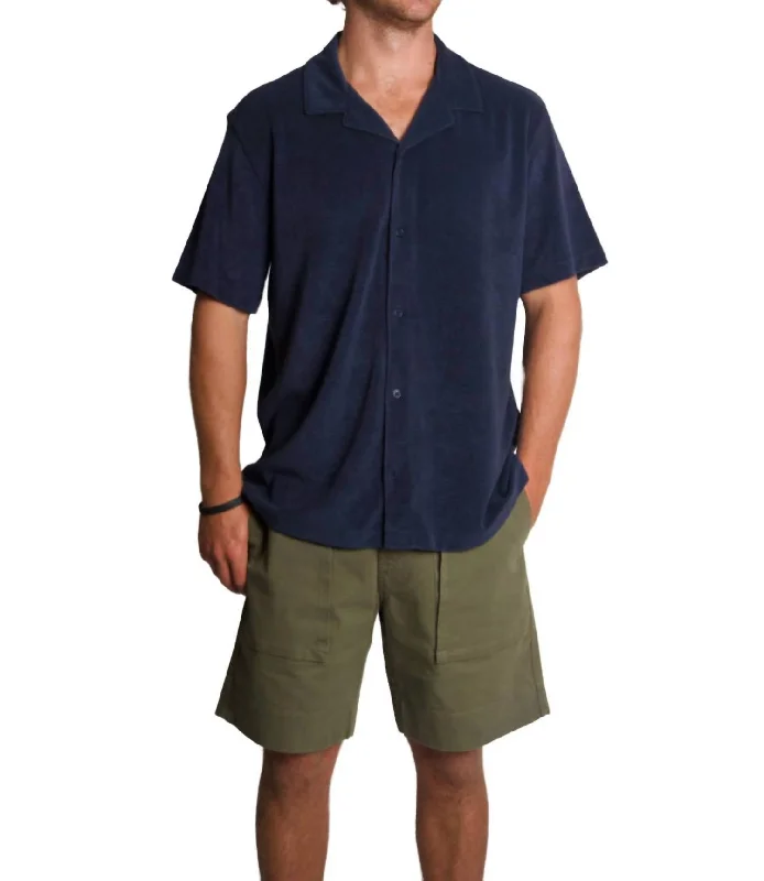 Men's smart - casual checkered t - shirts for semi - formal occasionsTerry Cabana Short Sleeve Button Down Shirt In Navy Men's smart - casual checkered t - shirts for semi - formal occasionsTerry Cabana Short Sleeve Button Down Shirt In Navy