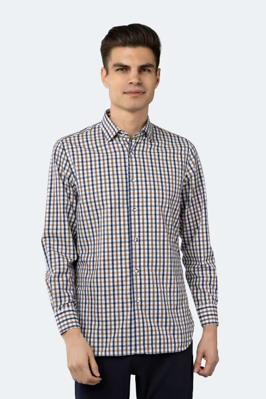 Men's tie - dye t - shirts with a bohemian styleWhite, Beige and Navy Plaid Shirt