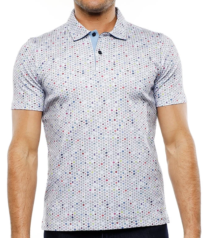 Men's thermal t - shirts with a high - neck design for cold weatherWhite Polo with Multicolor Floral Shapes Men's thermal t - shirts with a high - neck design for cold weatherWhite Polo with Multicolor Floral Shapes