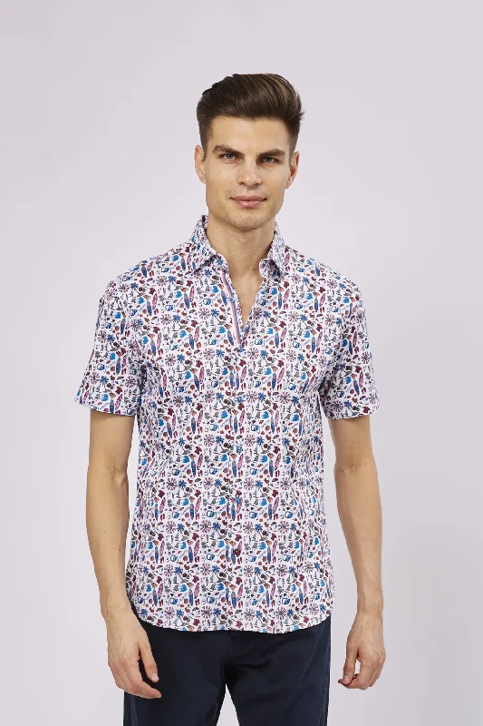 Men's slim - fit graphic t - shirts with vintage rock band printsWhite with Beach Print Shirt